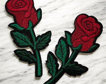 Patch Party Club (2-pc) Red Rose Embroidered Patch Set, 4" Iron-On Floral Patches, Rose Applique Set, Jacket Patch, DIY Fashion Patch