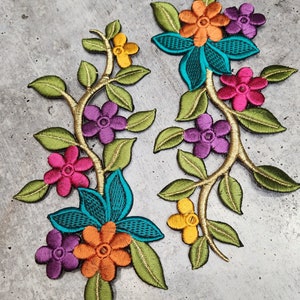 Exclusive "MULTI-COLOR TEAL" 3d Luxe Floral Embroidered Iron-on Patches (Set of 2) - Deep Colors, Satin & Metallic, Iron-on Applique