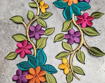 Exclusive "MULTI-COLOR TEAL" 3d Luxe Floral Embroidered Iron-on Patches (2pcs) - Deep Colors, Satin & Metallic, Iron-on Applique, Size 8"*3"