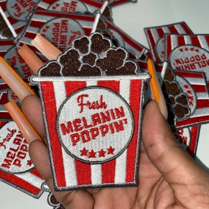 Fun, &quot;Fresh Melanin Poppin&quot; Popcorn Patch, Iron-On Embroidered Patch; Motivational Patch, Patch for denim jackets, Patch for Crocs, Small 3&quot;