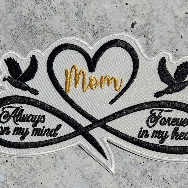 Memorial Infinity Collection: Patch Party Club, "MOM" Eternal Remembrance 1-pc, Iron-On Embroidered Patch, Sz 6", Tribute Honoring Loved One