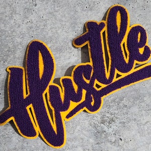 New SIZE, 1-pc, Purple & Gold "Hustle" Chenille Patch, (SEW-ON or Glue On) Size 9"x6.5", Varsity Patch for Denim, Camos, Hoodies