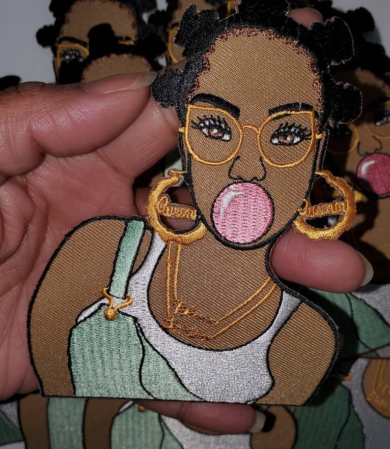 Exclusive, Size 4, 1-pc Cool Bubble Pop Pink Bubble Iron-on Embroidered Patch Hip-hoppin', Bubble Poppin' Queen, Black Girl Magic Patch image 2