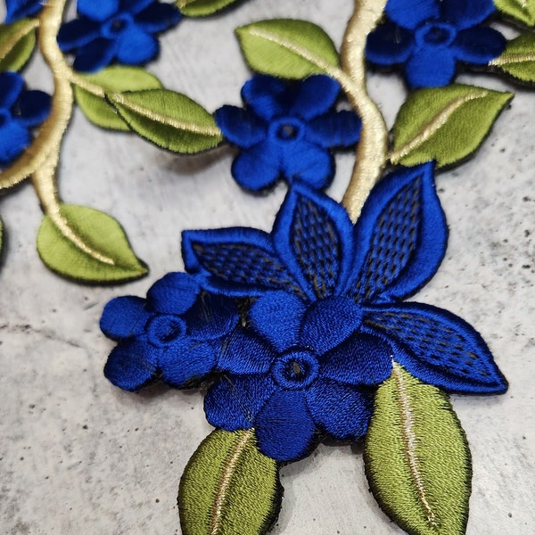 Parches termoadhesivos bordados florales 3D de lujo exclusivos "AZUL OSCURO" (juego de 2) - Colores intensos, acabado satinado y metálico, aplique termoadhesivo