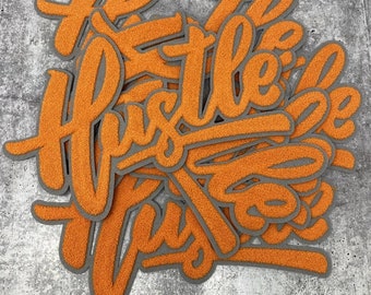 Exclusive, Orange & Gray "Hustle" Chenille Patch (iron-on) Size 10"x8", Varsity Patch for Denim Jacket, Shirts and Hoodies, Large Patch