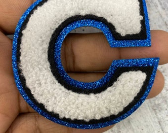 New Arrival, WHITE Chenille, Blue Glitter, w/ Black Felt, Size 2.75" Varsity Letter Patch with Iron-on Backing, Chenille Letters, A-Z Letter