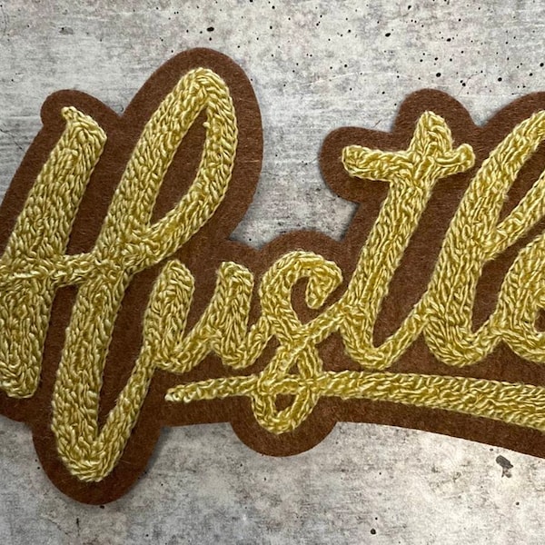 New SIZE, 1-pc Tan & Brown "Hustle" Chenille Patch (iron-on) Size 6"x4", Varsity Patch for Denim, Camos, Hoodies, Small Patch