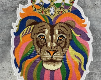 Exclusive: 1-pc Colorful "Queen Lion w/GOLD Crown" 100% Embroidered Iron on Patch, DIY Applique, Large Patch, Size 9", Jacket Patch for Her