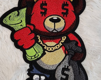 Nuevo, Chenilla, "Rey Oso del Dinero Rojo", con ojos de signo de dólar, Parche grande para chaquetas o sudaderas con capucha, tamaño 12", Parches para hombre, Parche de oso peludo
