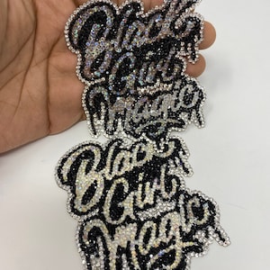 新着、キラキラ輝く「Drippin, Black Girl Magic」DIY アップリケ、サイズ 4 インチ、粘着ラインストーン パッチ、チェコ ラインストーン、DIY アップリケ