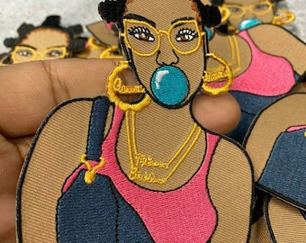 Macacão azul marinho, "Bubble Pop" EXCLUSIVO, patch bordado termocolante de 10 cm; Hip-hop, Rainha das Bolhas de Sabão, Magia da Garota Negra