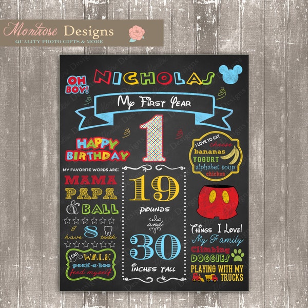 First Year Stat Board (Chalkboard, Mickey Mouse Clubhouse) DIGITAL FILE