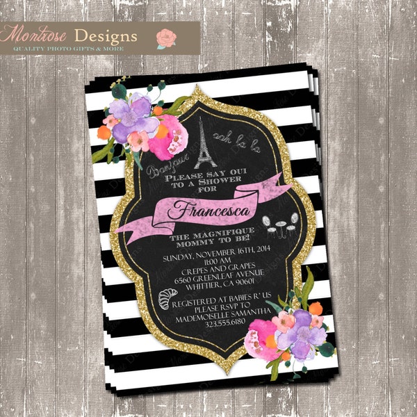 Striped, Floral Vintage French Baby Shower/Bridal Shower Invitation DIGITAL FILE