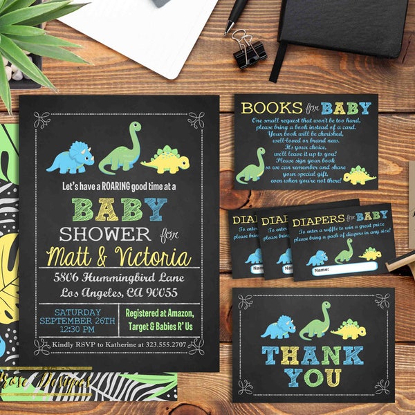 Chalkboard Dinosaur Baby Shower Invitation OR Bundle-Diaper Raffle, Books for Baby Insert, Thank You Card (Blue, Green, Yellow) DIGITAL FILE