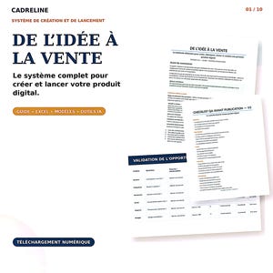Peut inclure: Un système de création et de lancement de produit numérique intitulé CADRELINE DE L'IDÉE À LA VENTE. Le document comprend un guide, des feuilles Excel, des modèles et des outils IA. Il inclut une checklist de pré-publication et un tableau de validation.