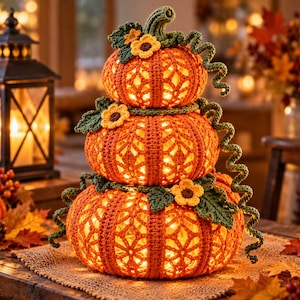 May include: A stack of three crocheted orange pumpkins with an openwork lattice pattern, illuminated from within. The pumpkins are decorated with green crocheted leaves, curly vines, and small yellow flowers with brown centers.
