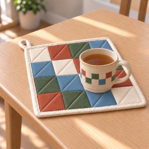 Può includere: Una presina quadrata trapuntata con un motivo patchwork di triangoli color crema, terracotta, verde bosco e blu ardesia, rifinita con un bordo color crema e un piccolo occhiello per appenderla. Una tazza in ceramica con motivo a scacchi coordinato è appoggiata sopra.