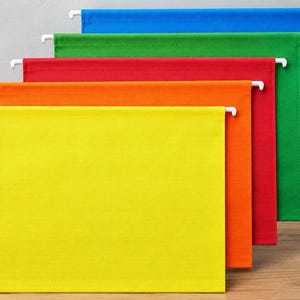 Può includere: Un set di cinque cartelle sospese nei colori giallo, arancione, rosso, verde e blu. Ogni cartella presenta un design rettangolare con linguette in plastica bianca sugli angoli superiori per la sospensione, disposte in fila a cascata.