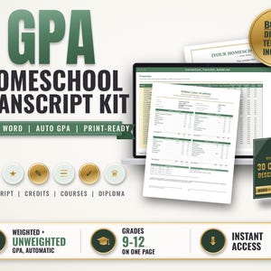 Op de afbeelding: Een homeschool transcript kit met een laptop die een spreadsheet toont, een geprint document getiteld Willow Lane Academy en een doos met het label 30 Course Descriptions. Bevat gouden iconen voor transcripten, credits, cursussen en diploma's.