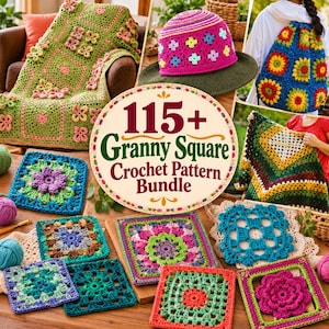 Puede incluir: Un gráfico digital 115+ Granny Square Crochet Pattern Bundle que muestra una colección de cuadrados de ganchillo coloridos, una manta verde, un sombrero rosa, una mochila azul y una manta multicolor, todo sobre una superficie de madera.