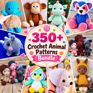 Puede incluir: Un gráfico digital que presenta el texto 350+ Crochet Animal Patterns Bundle rodeado de varios animales de peluche tejidos a ganchillo, incluyendo una tortuga azul, un mono marrón, un dragón menta, un oso rosa y azul, un rinoceronte gris, caballos, un pingüino y un oso amarillo.