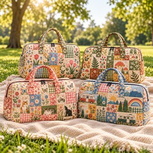 Quilted Patchwork Weekender Bag, Cottagecore Travel Duffel, 4 Designs
