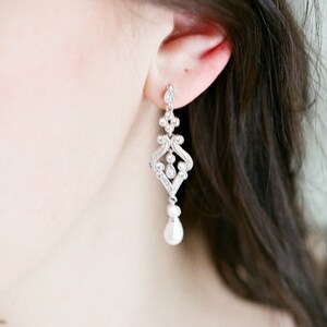 Drop Earrings, AURELIE Bridal Earrings Swarovski Earrings Dangle Bridal Earrings, Cubic Zircona Drop Earrings, Pearl Dangle Earrings
