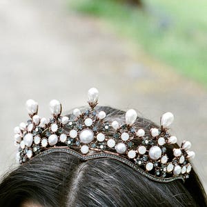 Bridal Tiara Crystal Tiara RAVEN, Swarovski Bridal Tiara, Reign Wedding Crown, Pearl Rhinestone Tiara, Wedding Tiara Diamante Bronze Crown image 1