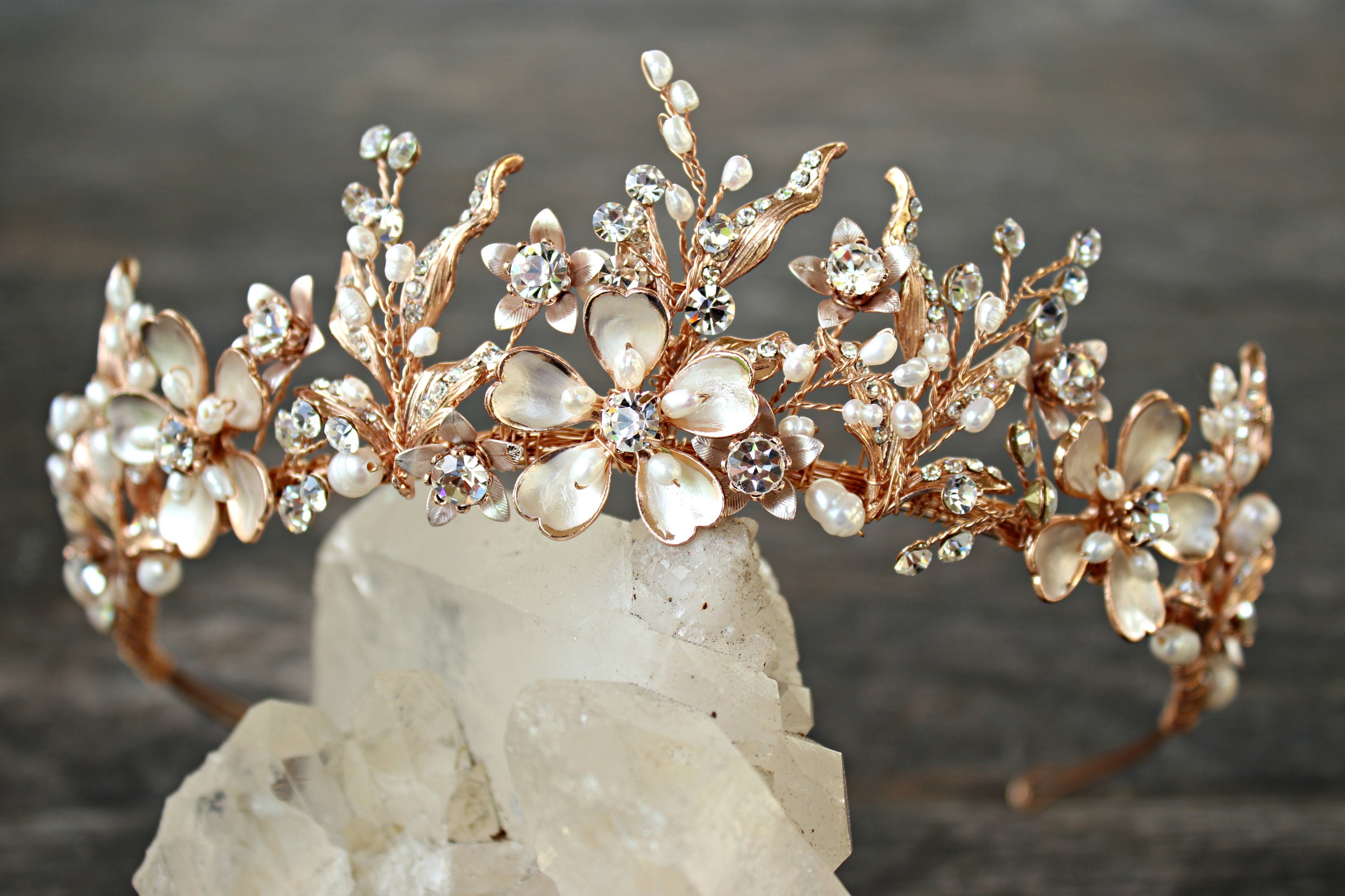 Buy Giulia Swarovski Bridal Tiara, Rose Gold Tiara Online | Ellee Couture Boutique Rose Gold Tone