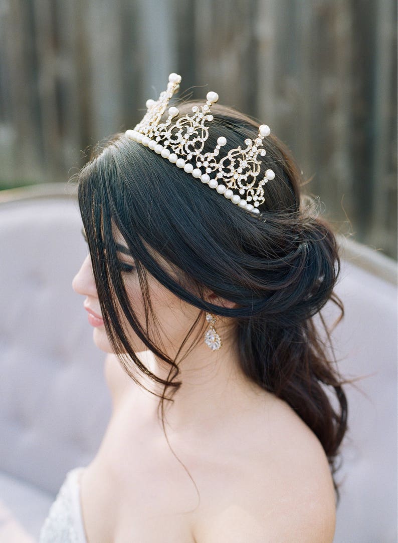 Bridal Tiara Tall Pearl Tiara EVANGELINE Swarovski Gold Tiara Etsy