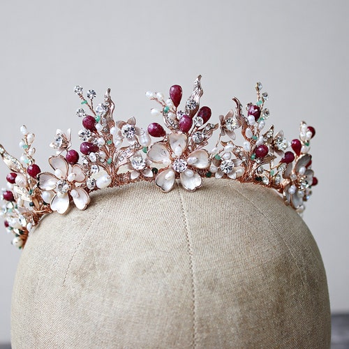 Rose Gold Bridal Tiara: Ruby, Swarovski Crystal & Freshwater  display picture 2