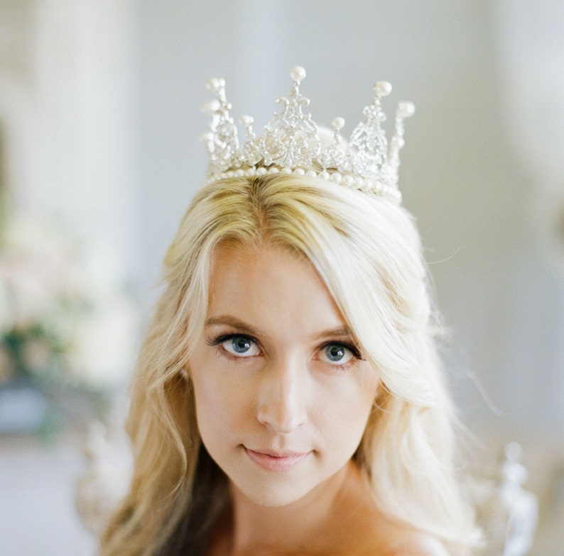 Bridal Tiara Tall Pearl Tiara EVANGELINE Swarovski Gold Tiara Etsy