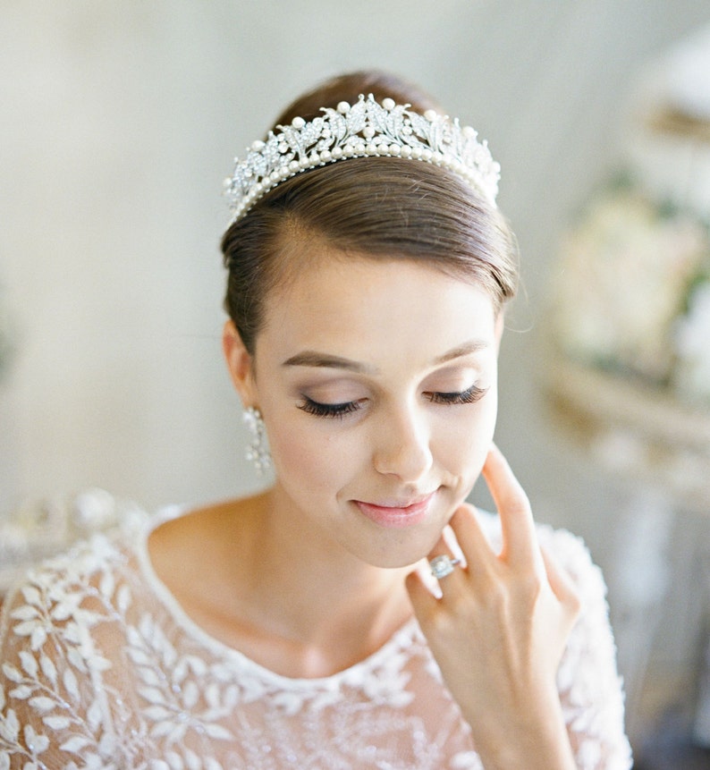 Tiara Victorian Pearl Bridal Tiara, VICTORIA Pearl Tiara, Diamante Tiara, Leaf Pearl Wedding Tiara, Swarovski Crystal Edwardian Bridal Tiara image 1