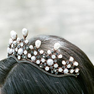 Bridal Tiara Crystal Tiara RAVEN, Swarovski Bridal Tiara, Reign Wedding Crown, Pearl Rhinestone Tiara, Wedding Tiara Diamante Bronze Crown image 4