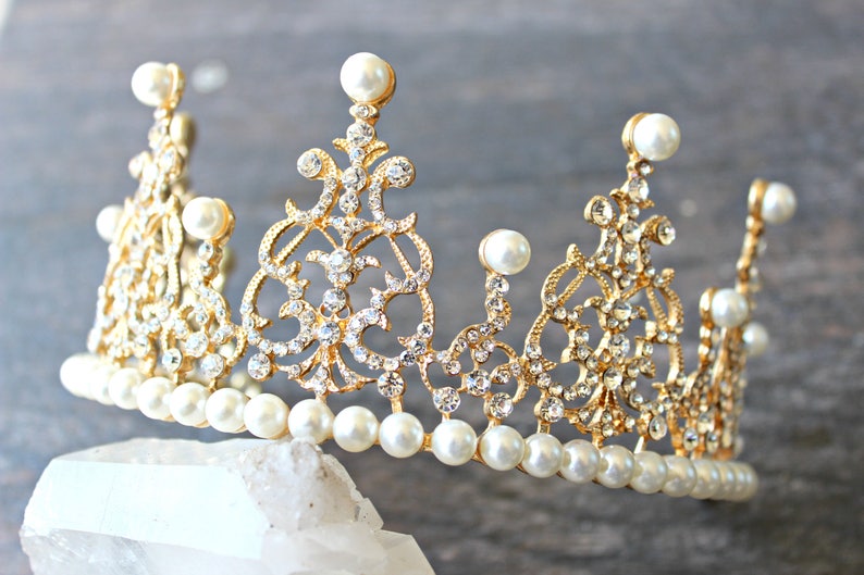 Bridal Tiara Tall Pearl Tiara EVANGELINE Swarovski Gold