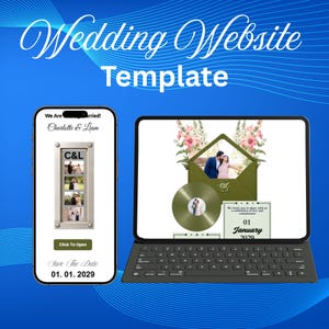 May include: A digital wedding website template displayed on a smartphone and a tablet with a keyboard. The screen shows a "We Are Married!" header, the names "Charlotte & Liam," a photo strip, a green envelope, a vinyl record, and the date 01.01.2029.