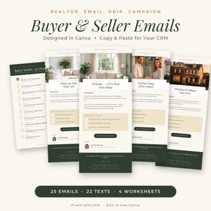 May include: A digital marketing template set for real estate agents titled Realtor Email Drip Campaign Buyer & Seller Emails. The design features dark green and cream colour schemes with text layouts, photography placeholders, and call-to-action buttons.
