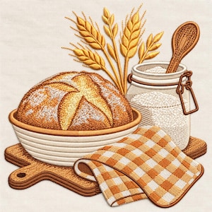 May include: An embroidery design featuring a round loaf of bread in a bowl, a glass jar filled with flour and a wooden spoon, stalks of wheat, and a folded orange and white checkered cloth, all arranged on a wooden cutting board.
