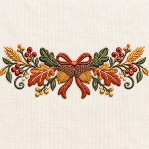 May include: An embroidery design on off-white fabric featuring two central acorns tied with a red ribbon, flanked by symmetrical arrangements of green oak leaves, golden wheat stalks, and clusters of small red and white berries.