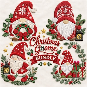 Peut inclure: Un ensemble de motifs de broderie représentant quatre gnomes de Noël avec des bonnets rouges, des barbes blanches et des tenues festives, entourés de houx, de lanternes et de cadeaux. Le texte central indique Christmas Gnome BUNDLE.
