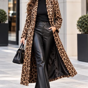 May include: A long leopard print coat worn over a black mock neck top and black leather trousers. The outfit includes black pointed-toe boots, a black handbag, and black sunglasses. The coat features a notched lapel and a structured silhouette.