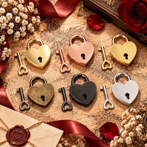 May include: Six heart-shaped padlocks in gold, rose gold, polished gold, antique brass, matte black, and silver finishes, each accompanied by a matching small key with a heart-shaped bow, arranged on a vintage-style map surface.