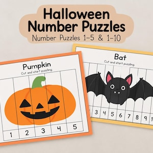 May include: Halloween Number Puzzles featuring two rectangular cards with orange and yellow borders. One card shows a pumpkin with numbers 1-5, and the other shows a bat with numbers 1-10. Both cards include the text Cut and start puzzling.