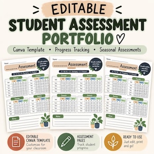 Puede incluir: Una plantilla de Canva editable para portafolio de evaluación estudiantil con seguimiento de progreso y páginas de evaluación estacional. El documento incluye tablas para habilidades, dominios y notas, decorado con ilustraciones de plantas en macetas y el texto Growth matters more than perfection.