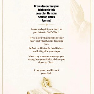 Op de afbeelding: Een crèmekleurige journalpagina met een kruispictogram bovenaan en een illustratie van een open boek met biddende handen onderaan. De tekst luidt: Grow deeper in your faith with this beautiful Christian Sermon Notes Journal.