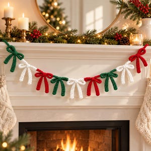 May include: A festive garland featuring a series of crocheted bows in alternating colors of forest green, bright red, and crisp white. The bows are strung together in a repeating pattern, creating a decorative holiday display for a fireplace mantel.