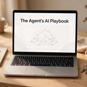 Puede incluir: Un ordenador portátil plateado que muestra el texto The Agent's AI Playbook en su pantalla, junto con un gráfico de un contorno de casa conectado a una red de líneas y puntos. El portátil cuenta con un teclado negro y un chasis de color plata.