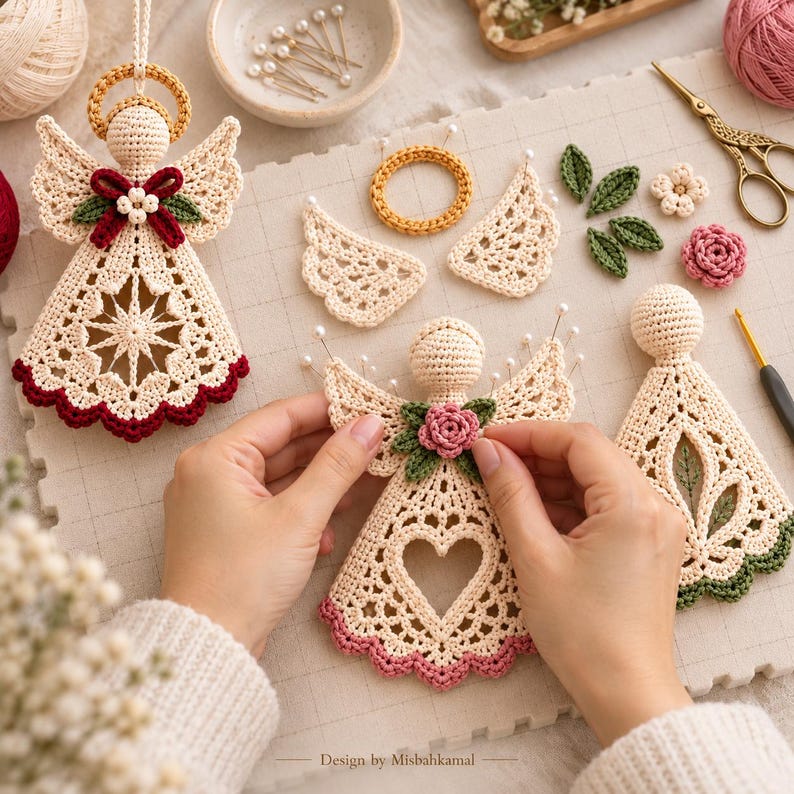 May include: Handmade crochet angel ornaments in cream yarn with intricate lace patterns. One angel features a red bow and green leaves, another a pink rose with green leaves, and a third has a green hem. Includes separate wings and halos.