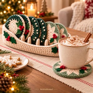 Patrón de Set de Posavasos Navideños de Acebo a Crochet PDF: 6 Posavasos Redondos & Caddy Cesta, Mug Rug Festivo Decoración de Mesa