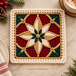 May include: A square crochet coaster featuring a central star motif in white and gold, set against a deep red background with dark green accents. The border is a thick cream-colored yarn. The text "Design by Misbahkamal" is printed below the coaster.